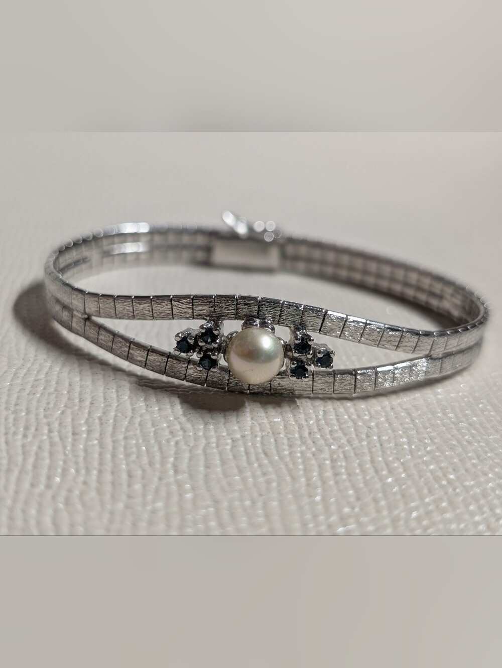 Silver Pearl & Sapphire Stone Double-Band Bracelet Stamped Vintage